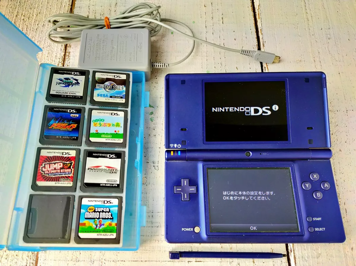 Nintendo DSi Portable Metallic Blue Console + 8 Japanese Games Working Good