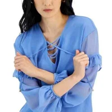 I.N.C. International Concepts Medium Blue Lace-Up Ruffle-Sleeve Blouse Sz-XL
