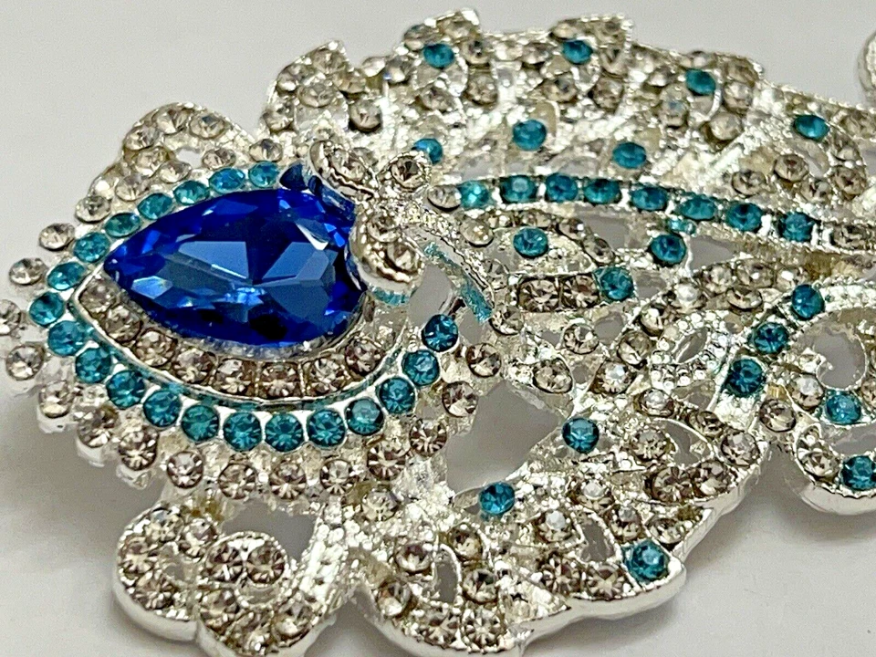 Цветок кристалл со стразами брошь винтажный булавка стекла Павлин перо синий прозрачный США - Изображение 4 из 4