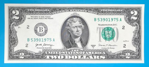 B 5390 1975 A : TRAILING YEAR 1975 $2 Two Dollar Bill Serial Number - Picture 2 of 3