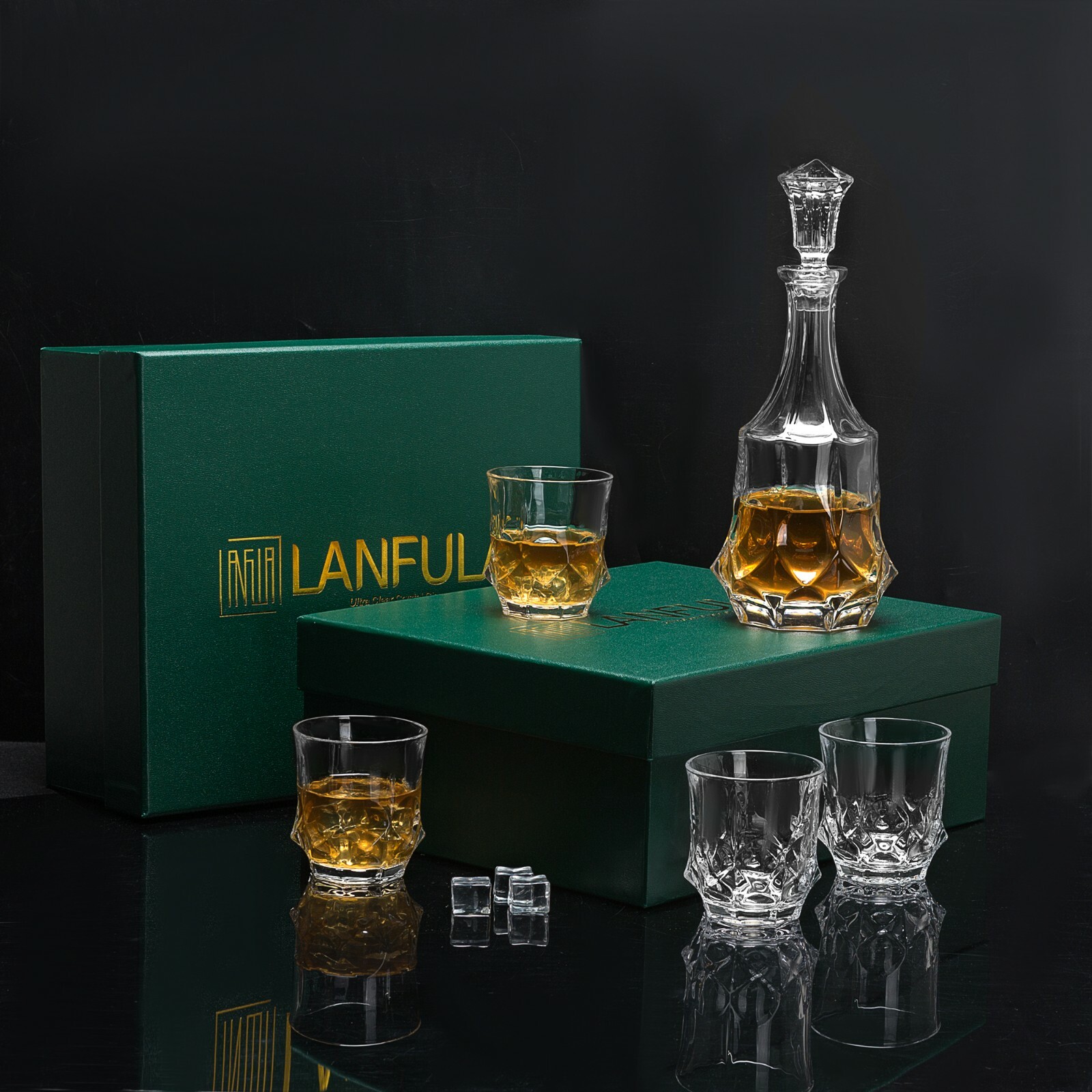LANFULA Whiskey Decanter Set With 4 Liquor Whisky Glasses Men