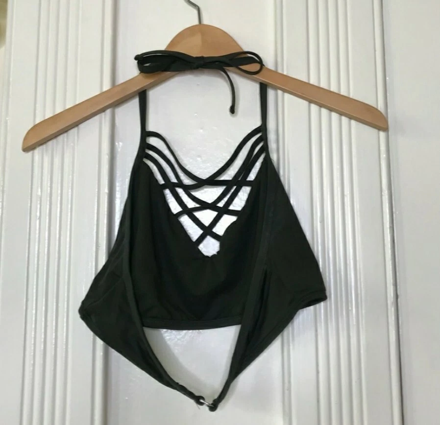 Top de bikini MOSSIMO con tirantes frontales halter verde oliva entrecruzado XLarge Foto 3 de 4