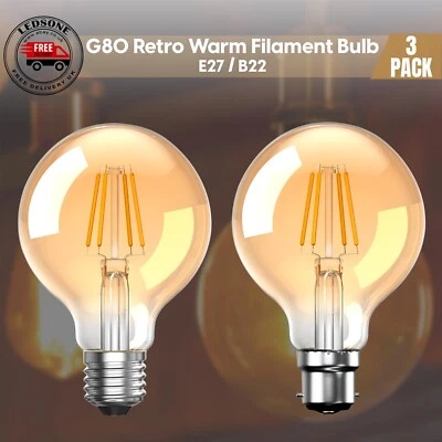 LED_SONE LEDSONE 3 x LED G80 Retro Vintage Edison Amber Warm Filament Light Bulb B22 E27
