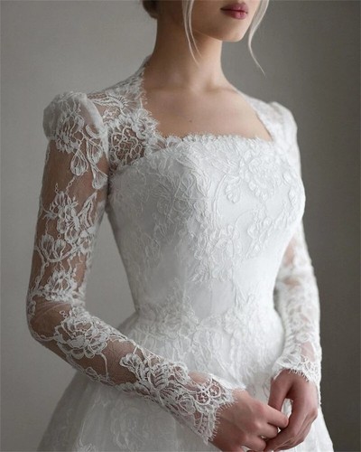 Modest Long Sleeves Full Lace Wedding Dress Square Neck Sweep Train Bridal Gowns - Picture 4 of 8