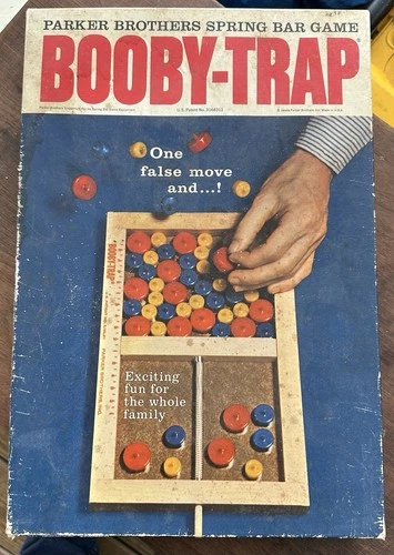 VTG Booby Trap wooden spring board Game 58 Pegs Parker Brothers 1965 Orig. Box
