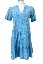 Flamingals Blue Eyelet Embroidered Ruffle Dress 100% Cotton Sz Small