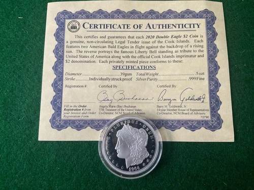 1964 ( 2020 ) Silver Cook Islands Proof  Morgan Dollar with COA - R40