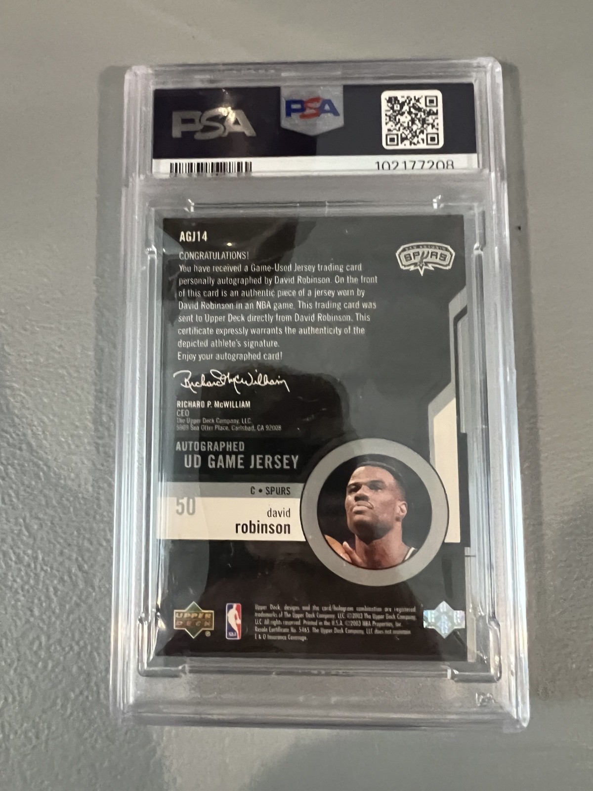2003 Upper Deck David Robinson Game Jersey Auto /100 PSA 8 Auto AUTH view 2