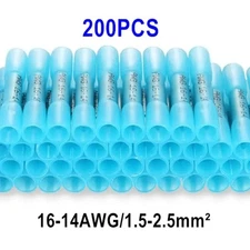 200PC 16-14AWG Heat Shrink Butt Wire Splice Seal Connectors Crimp Terminals Blue