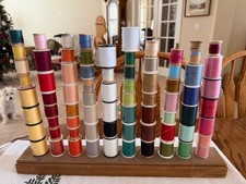 Vintage Wooden Thread Rack w/10 posts  74 Wooden Thread Spools Various Colors 