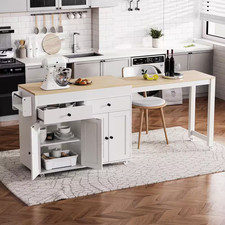 White Wood 74.5 In. Kitchen Island with Extendable Dining Table, Kitchen Cart wi