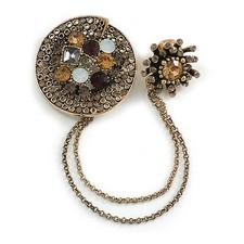 Victorian Style Round Crystal Double Chain Brooch In Aged Gold Tone