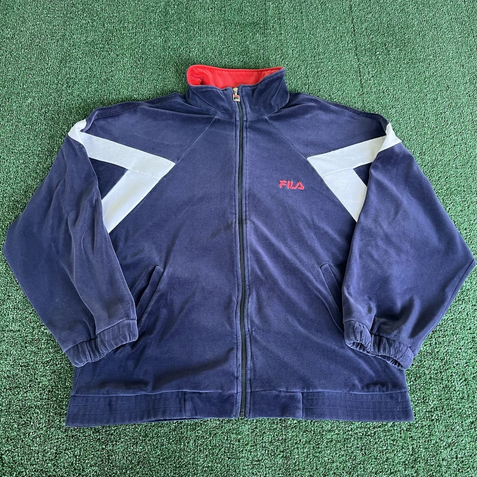 Chaqueta y Pantalones Traje de Pista Fila Velour Vintage Años 90 Rojo Azul Marino XL 36x25.5" EE. UU. Foto 2 de 4