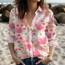 Pink Floral Blouse Shirt For Women Colorful Summer Blouse Button Up Shirt