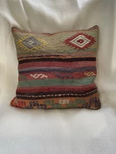 Kilim Decorative Throw Pillow, Handmade, wool,Vintage Bohemian Style 16x16”