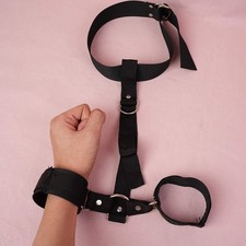 Black Nylon Neck Collar Handcuffs Bondage Wrist Harness Strap for Couple Cosplay