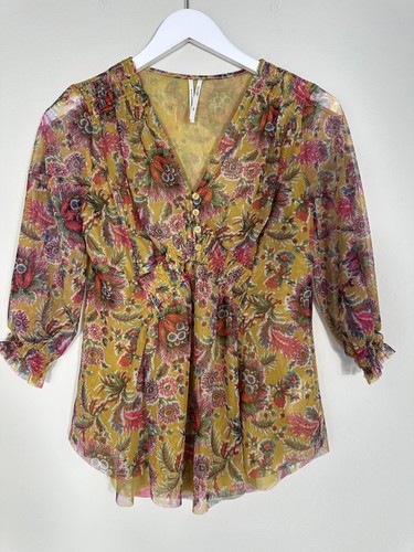 Anthropologie Blouse Womens XS Petite Yellow Floral Sheer Ruffle Button Boho Top