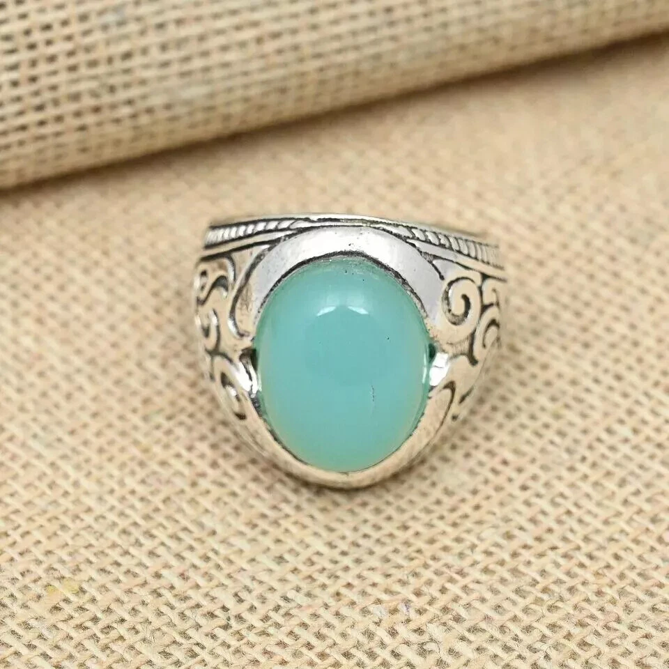 Precioso anillo clásico de plata de ley 925 con calcedonia Aqua para hombre todas las tallas D59 Foto 4 de 4
