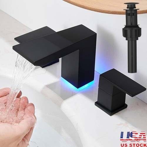 Led Waterfall Bathroom Sink Faucet 3 Hole Matte Black 2 Handle W/ Drain Home New