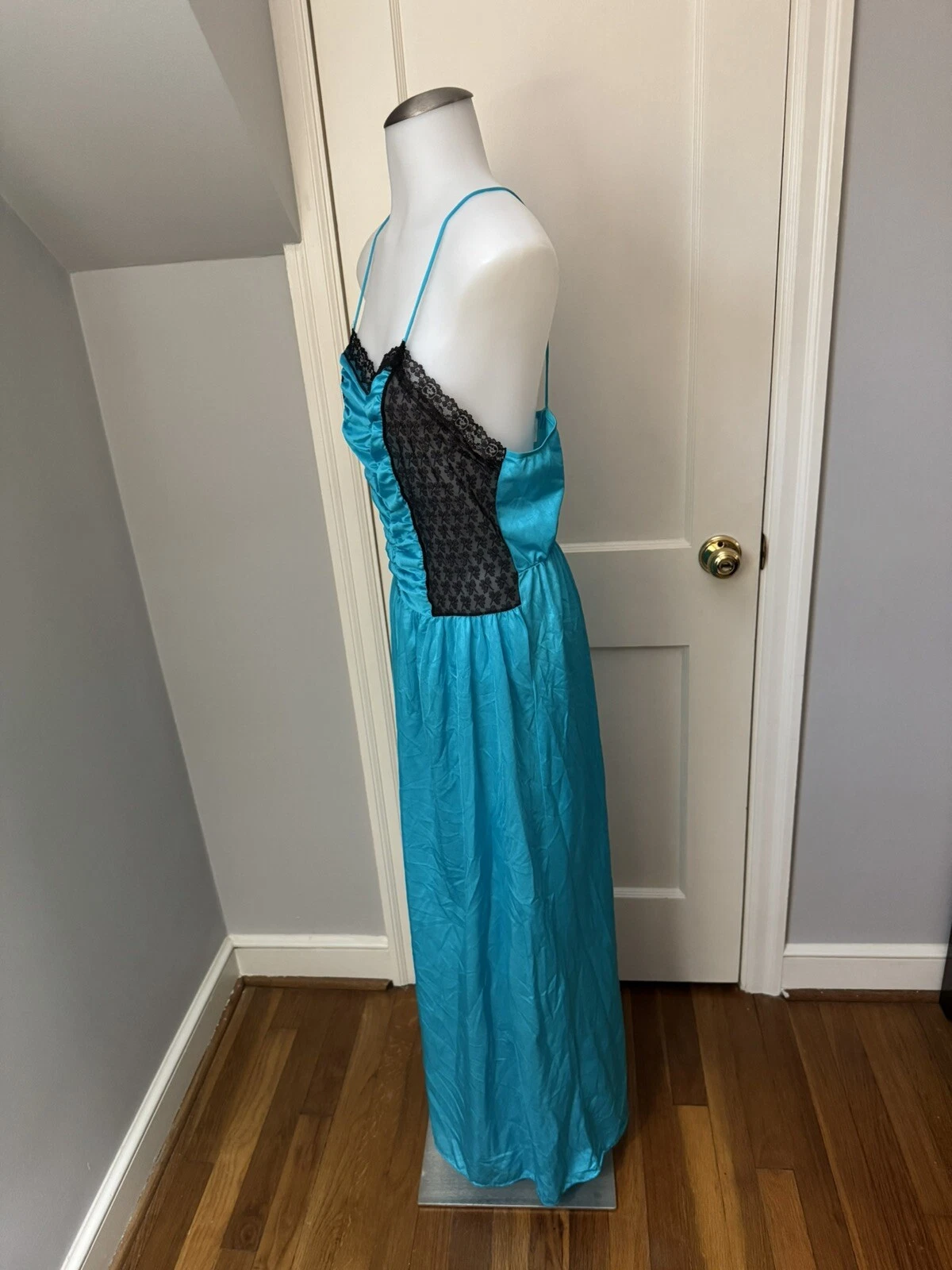 UNDERCOVER Camicia da notte donna vintage sottocoperta blu nero pizzo pullover spalline spaghetti L