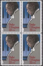 1986 Duke Ellington Block of 4 22c Postage Stamps, Sc# 2211, MNH, OG