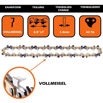 3 Saw Chains 3/8'' 1.3mm 40TG 25cm Full Chisel for Scheppach CSP2540