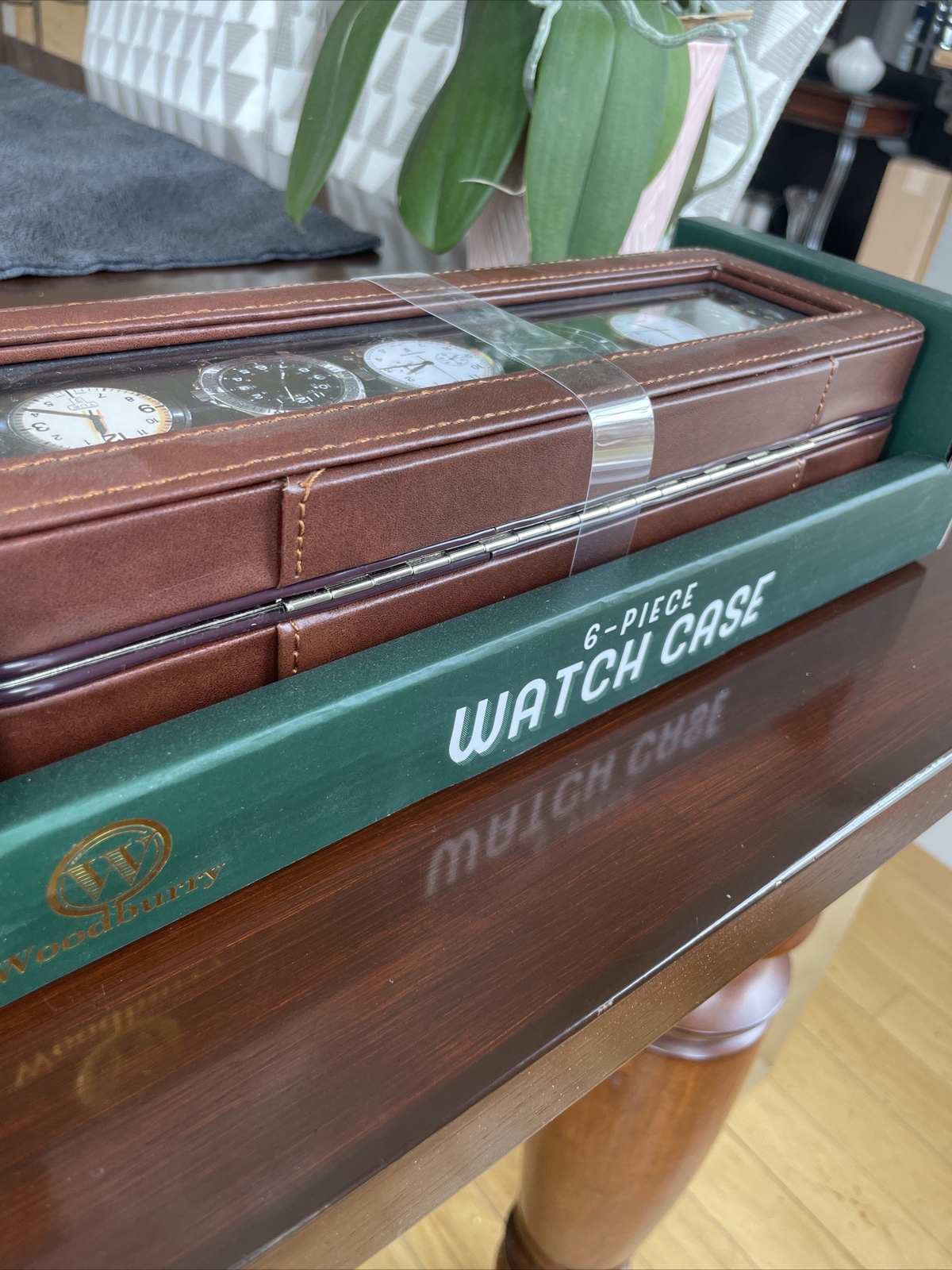 NEW Woodbury Men’s Six Slot 6 Piece Brown Leather Watch Case Holder Box