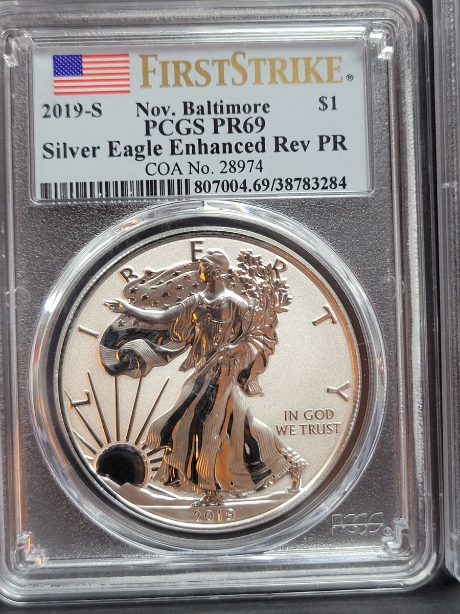 2019 S Silver Eagle ENHANCED REVERSE PCGS PR69 FIRST STRIKE ,COA