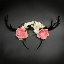 Deer Antlers Headband Black Antler Large Blush Flowers