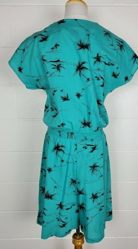 Vtg Hilo Hattie Hawaiian Green Blue Palm Tree Romper L? - Picture 4 of 9
