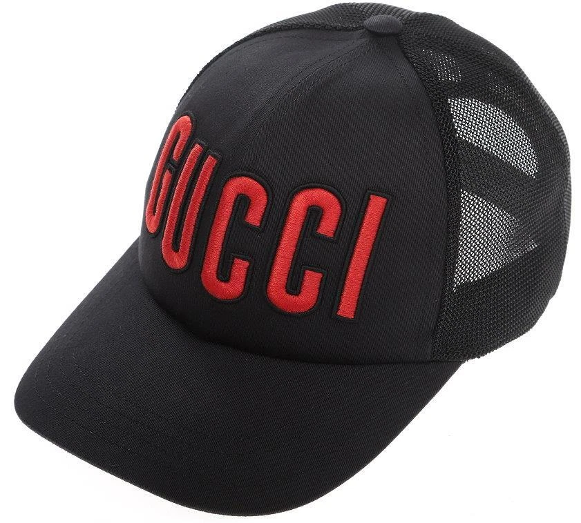 NEW GUCCI BLACK COTTON MESH RED LOGO EMBROIDERY BASEBALL CAP 