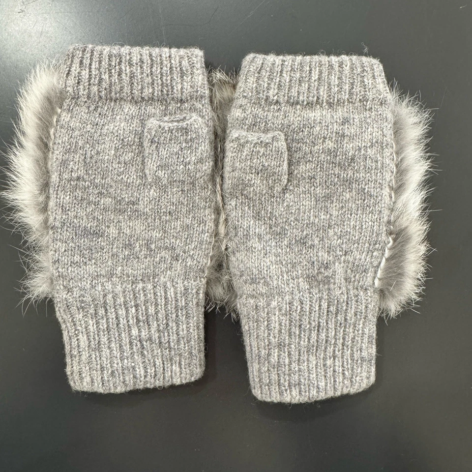 ADRIENNE LANDAU Silver Gray Rabbit Fur Wool Fingerless Gloves Mittens - Image 3 of 4