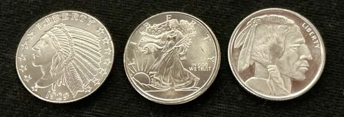 3 - 1/10 Oz Silver Round - Walking Liberty, American Buffalo, Indian .999 Fine