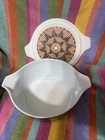 Pyrex Navajo Pueblo Aztec Casserole Lid Orange Black w/ Salton 2 1/2 Qt Dish VTG