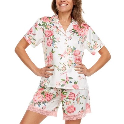 Flora Nikrooz 2 Piece Relaxed Fit Soft Satin Notch Collar Pajamas Floral Size XL