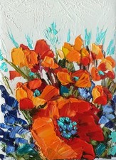 Original Oil Painting Red Poppy Flower Impasto Painting on Canvas board 20x15cm