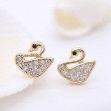 2 Pairs 18K Gold Plated Stud Earrings Connector, CZ Pave SWAN Component GZX572