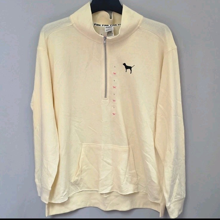 PINK Victoria Secret Womens Yellow Dog 3/4 Zip Pullover  Preppy Sweatshirt. Sz L