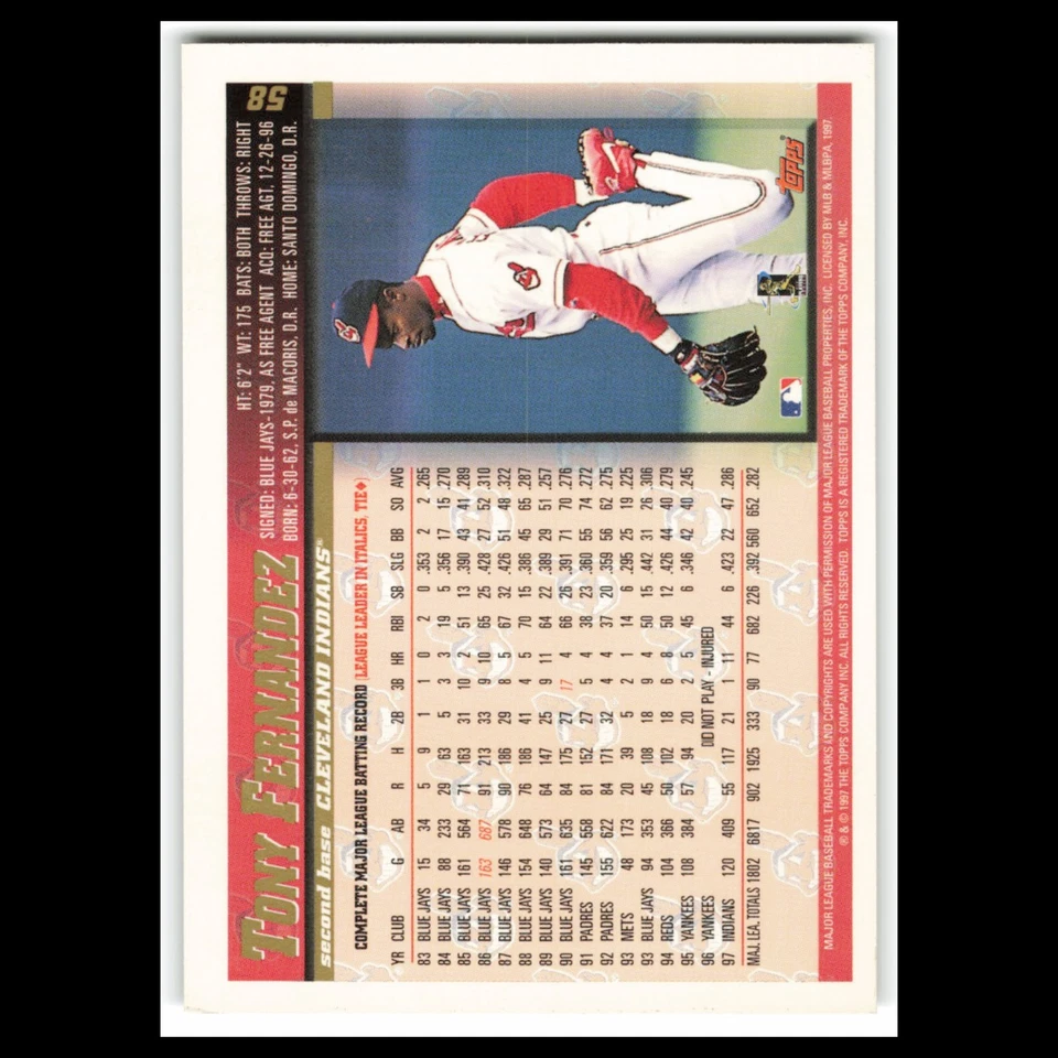 Tony Fernandez #58 1998 Topps Cleveland Indians Baseball Card MLB NM - Image 2 of 3