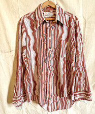 Vtg 70s Psychedelic Woodgrain Landscape Disco Dagger-Collar Poly L/S Shirt Lg
