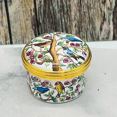 Halcyon Days Enamels Trinket Box Blue Birds Jays Purple Flowers Bilton Battersea