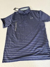 Under Armour Polo Shirt Mens Small Blue Stripe Playoff Golf UPF 40 Loose Fit