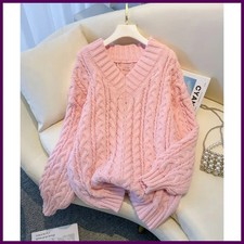 MEXZT Harajuku Sweater Women Fashion Oversized Pink V Neck Knitted Pullovers