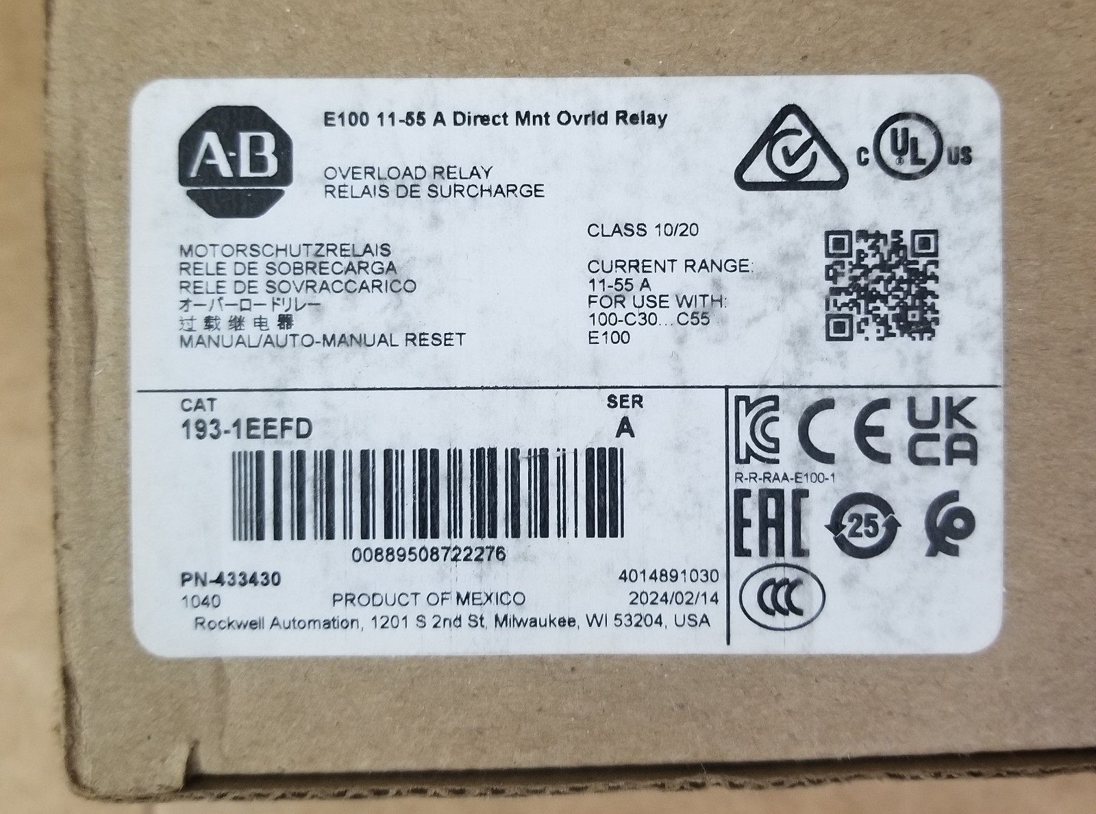 Surplus Open Allen Bradley 193-1EEFD /A E100 11-55A Solid State Overload Relay