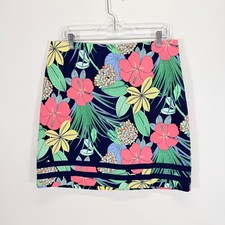 Talbots Tropical Hibiscus Floral Border Stripe Navy Pink Pencil Skirt Size 10