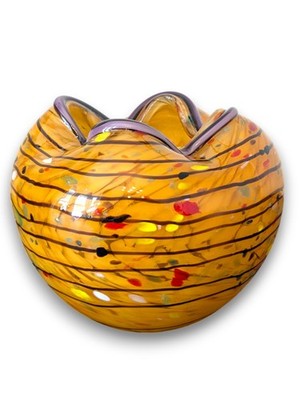 Viz Art Glass Vase Hand Blown Orange Speckled Ruffled Wavy Rim Round 4.5 