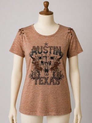 CATO  NWT Austin Texas Tee LaceUp Shoulder Skull Floral Western Women MED