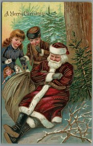 Santa-Claus-Sleeping-Children-in-Woods-Toy-Sack-Antique-Christmas-Postcard-c927
