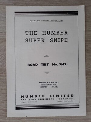 Humber Super Snipe Road Test Reprint Prospekt 1949