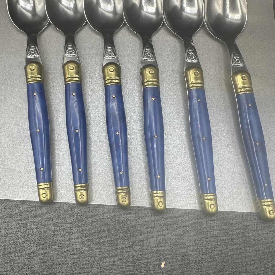 Conjunto de 6 colheres de jantar vintage Jean Dubost Laguiole França abelha azul ouro raro - Imagem 2 de 4